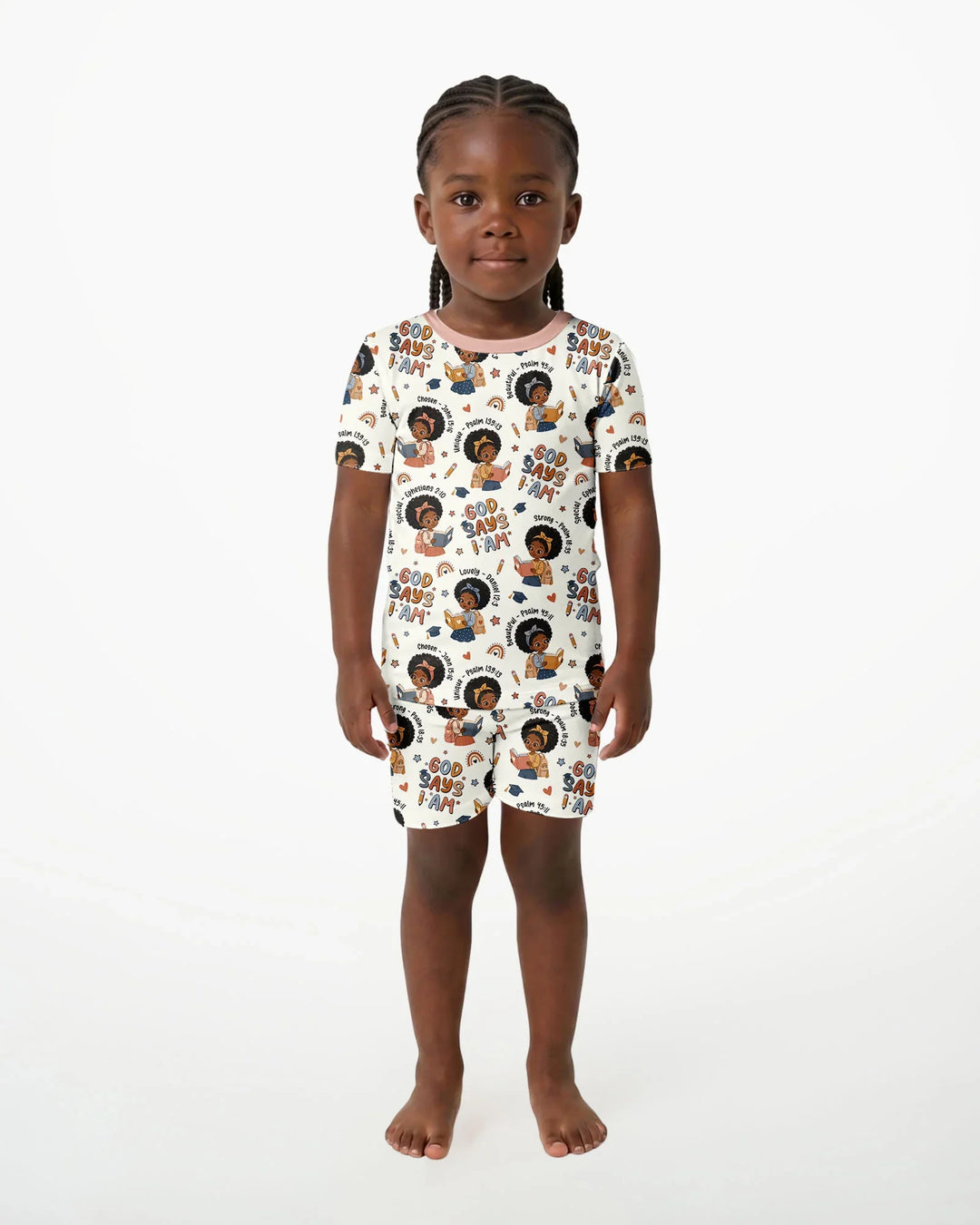 God Says I Am Cute Learning Afro Girl  Bamboo Two Piece Short Sleeve Shorts Pajama Set
