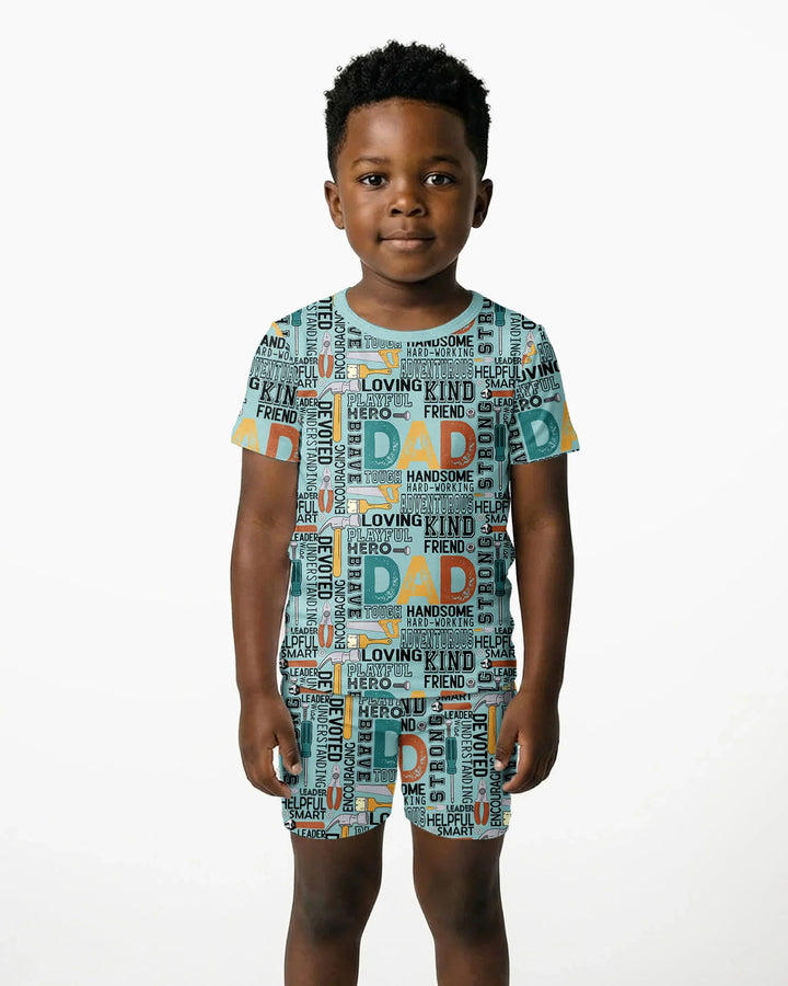 Conjunto de Pijama de Dos Piezas de Bambú con Collage de Palabras "Papá" y Manga Corta y Pantalón Corto