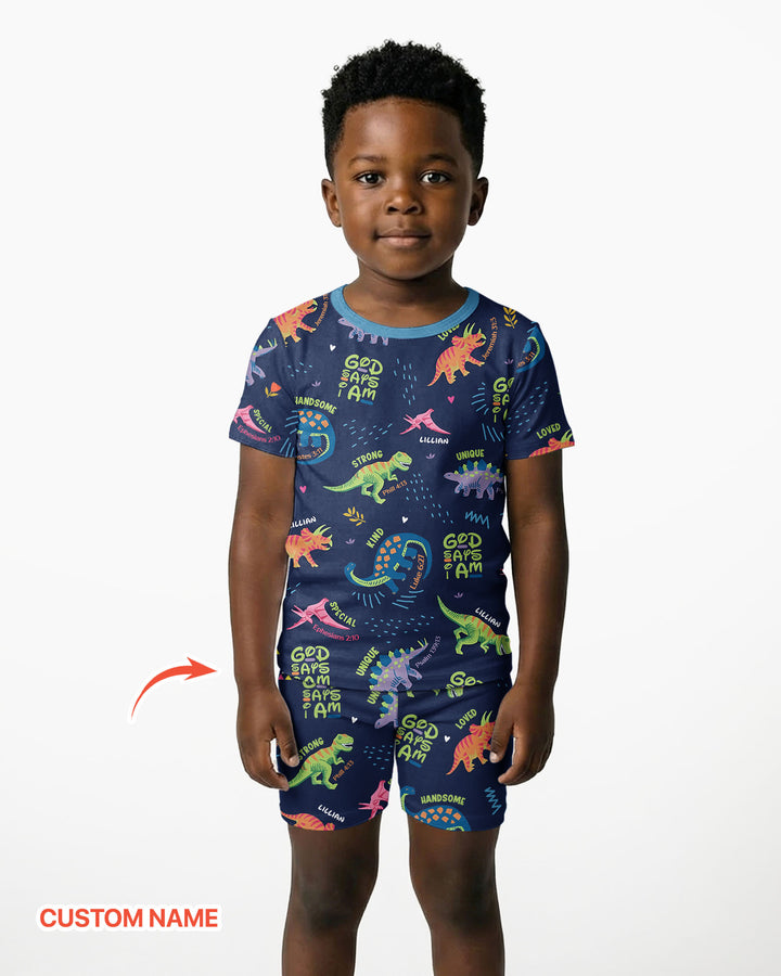 Custom Name God says I am Dinosaur Bamboo Two Piece Short Sleeve Shorts Pajama Set