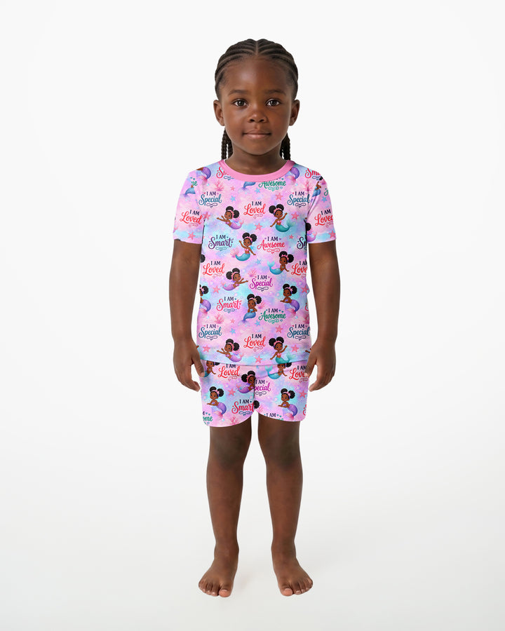 Black Mermaid I Am Strong Bamboo Two Piece Short Sleeve Shorts Pajama Set