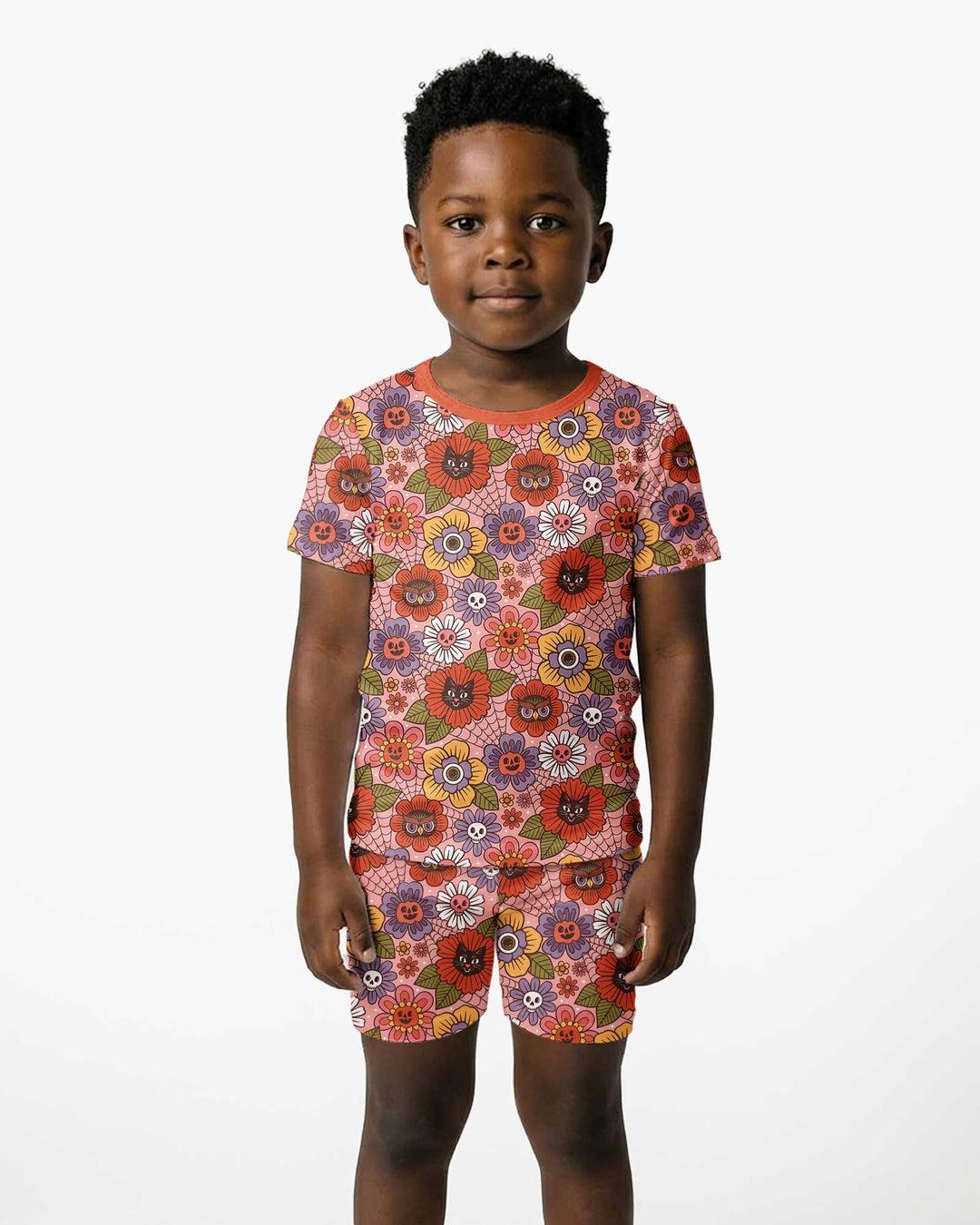 70s Halloween Floral Bamboo Two Piece Short Sleeve Shorts Pajama Set