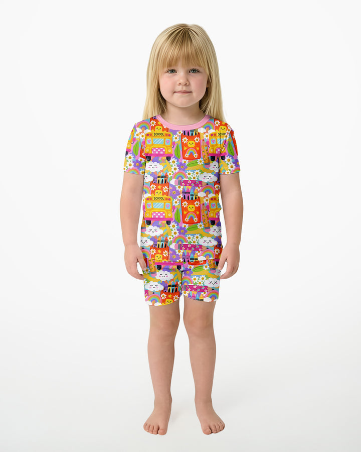 Retro Happy Classroom Bamboo Two Piece Short Sleeve Shorts Pajama Set