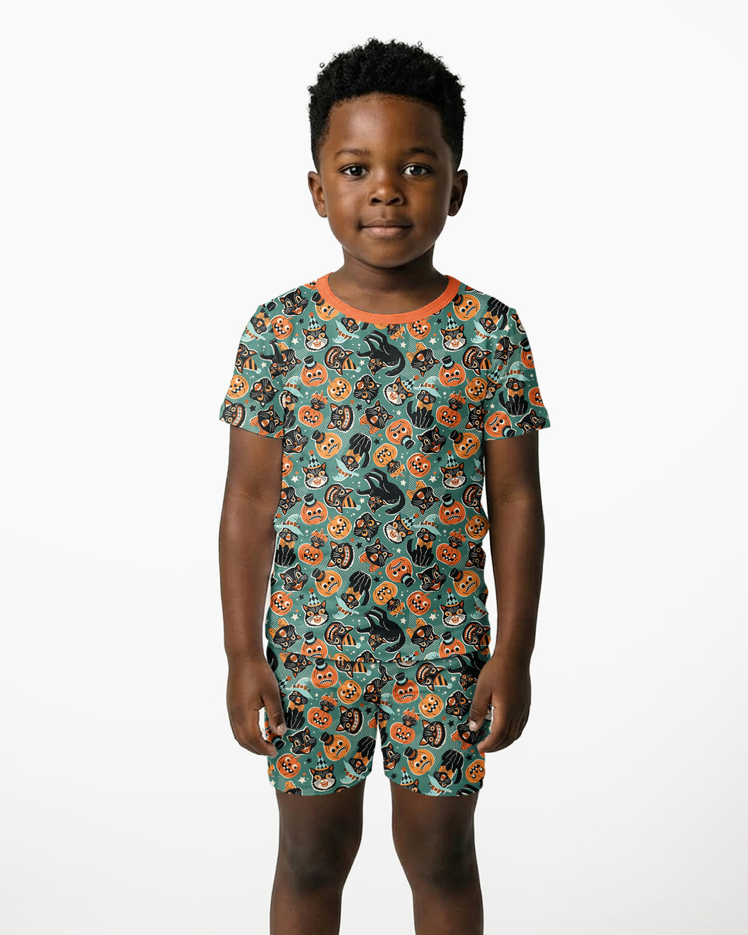 Retro Black Cat Witch Pumpkin Halloween Bamboo Two Piece Short Sleeve Shorts Pajama Set