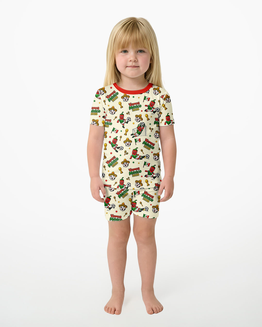 Cartoon World Soccer Vamos Mexico Family Matching Bamboo Two Piece Short Sleeve Shorts Pajama Set