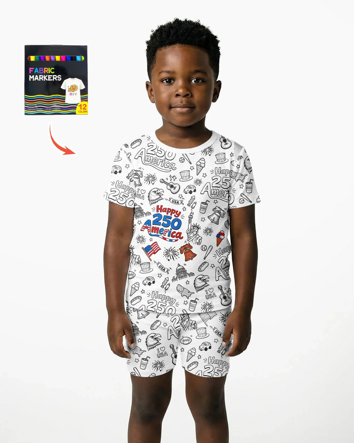 All Colorable Happy 250 America I love USA Bamboo Two Piece Short Sleeve Shorts Pajama Set