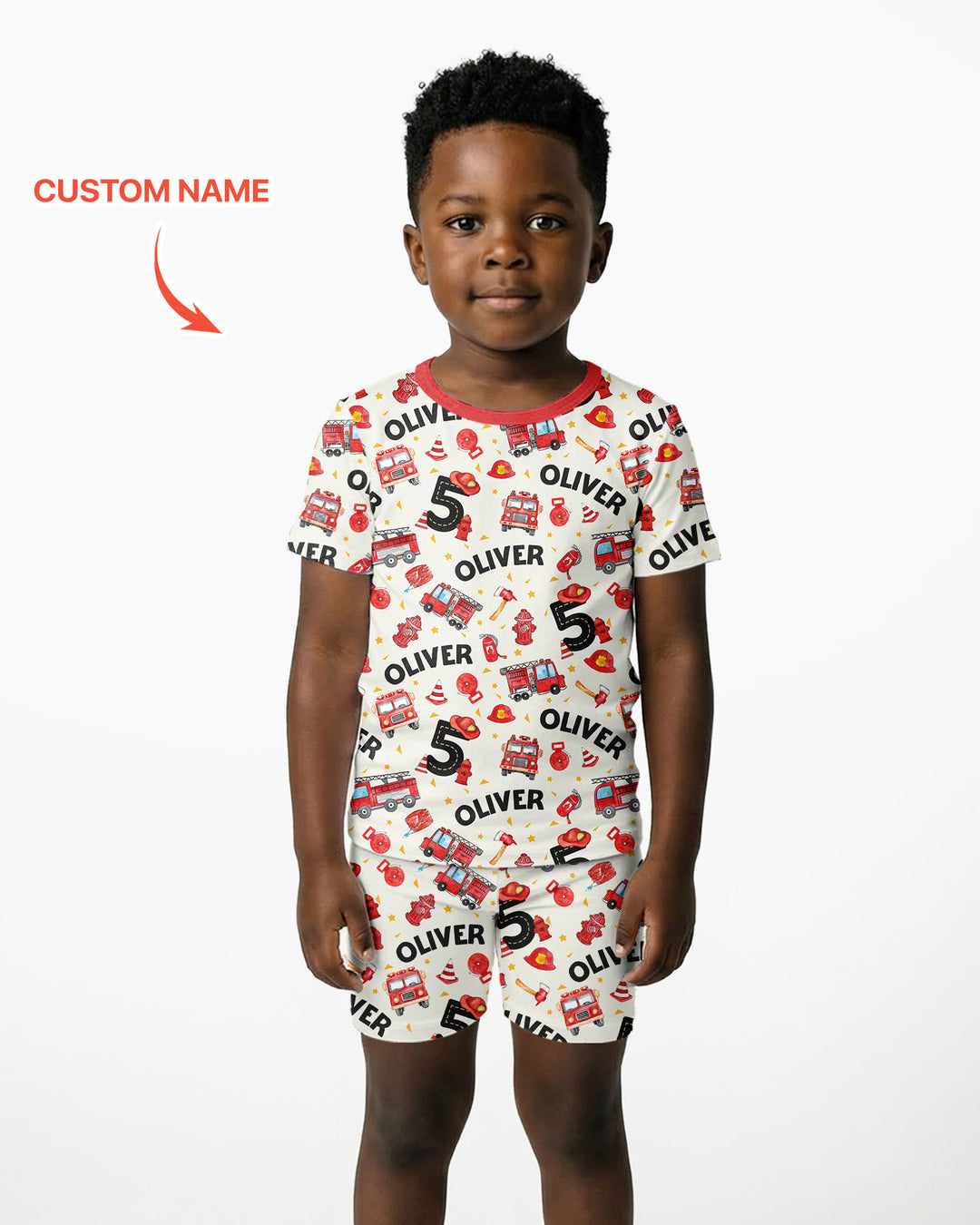 Custom Name Fire Truck Birthday Boy Bamboo Two Piece Short Sleeve Shorts Pajama Set