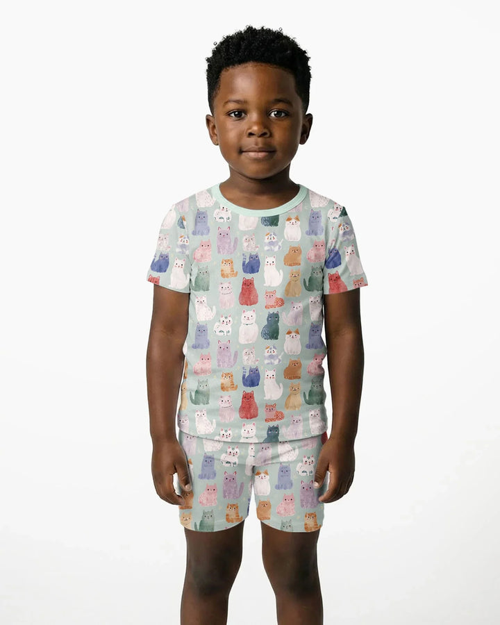 Enchanted Happy Kitty Family Matching Bamboo Two Piece Short Sleeve Shorts Pajama Set