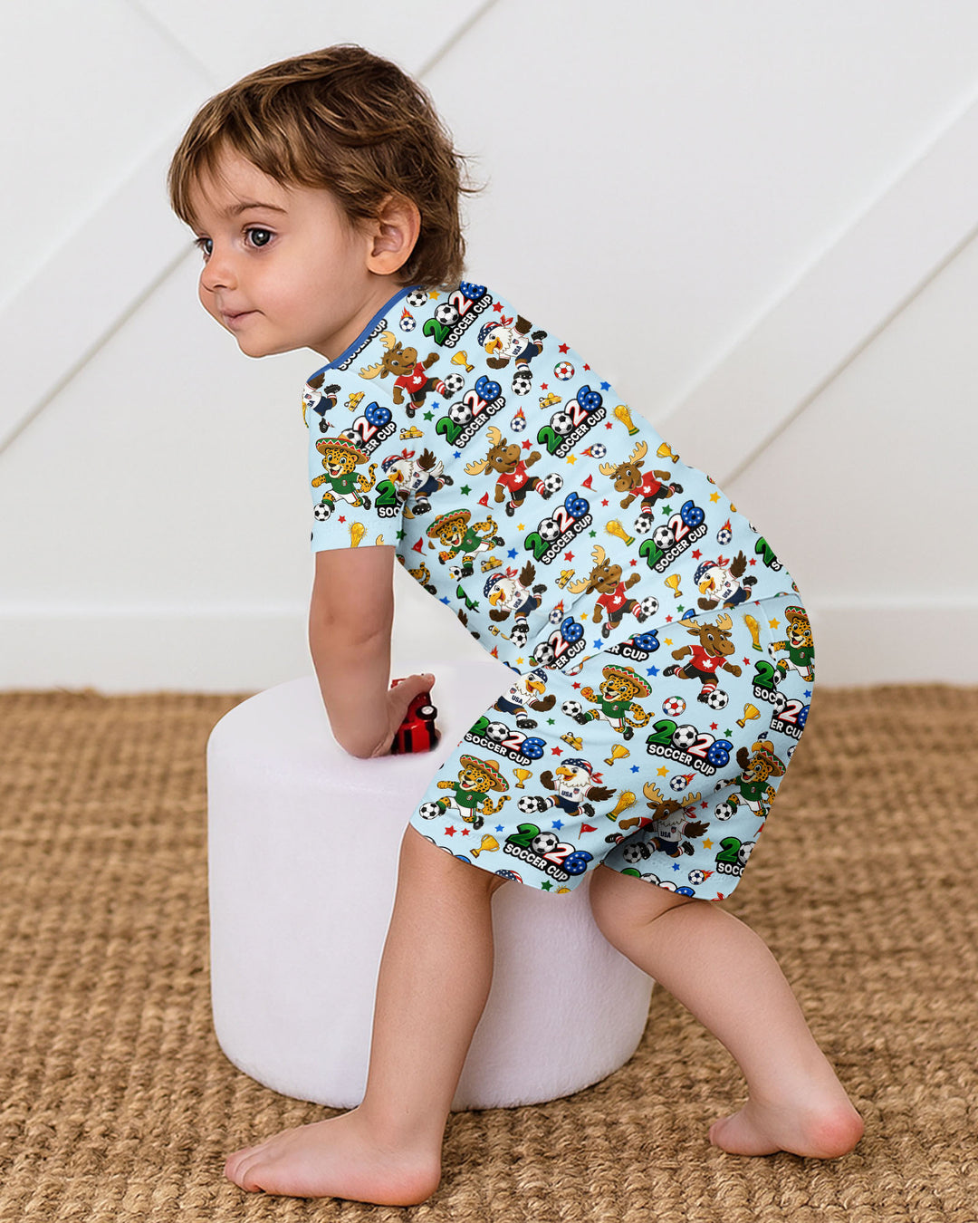 Soccer Cup Cute Mascots Two Piece Short Sleeve Shorts Pajama Set