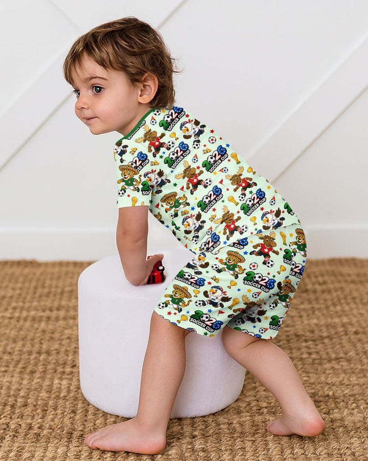 Soccer Cup Cute Mascots Two Piece Short Sleeve Shorts Pajama Set