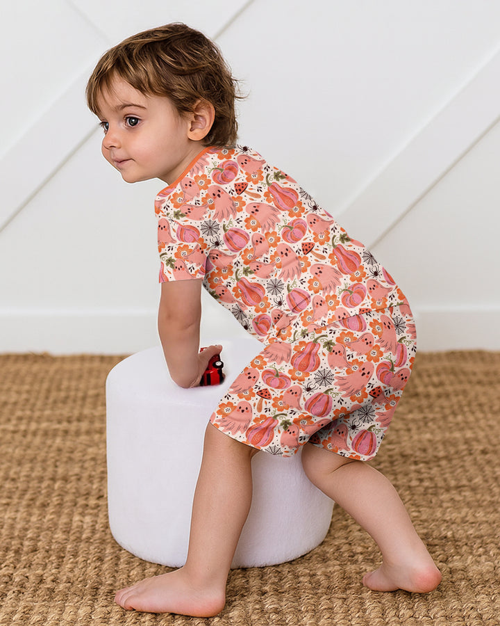 Pink Ghost Pumpkin Fall Floral Halloween Bamboo Two Piece Short Sleeve Shorts Pajama Set