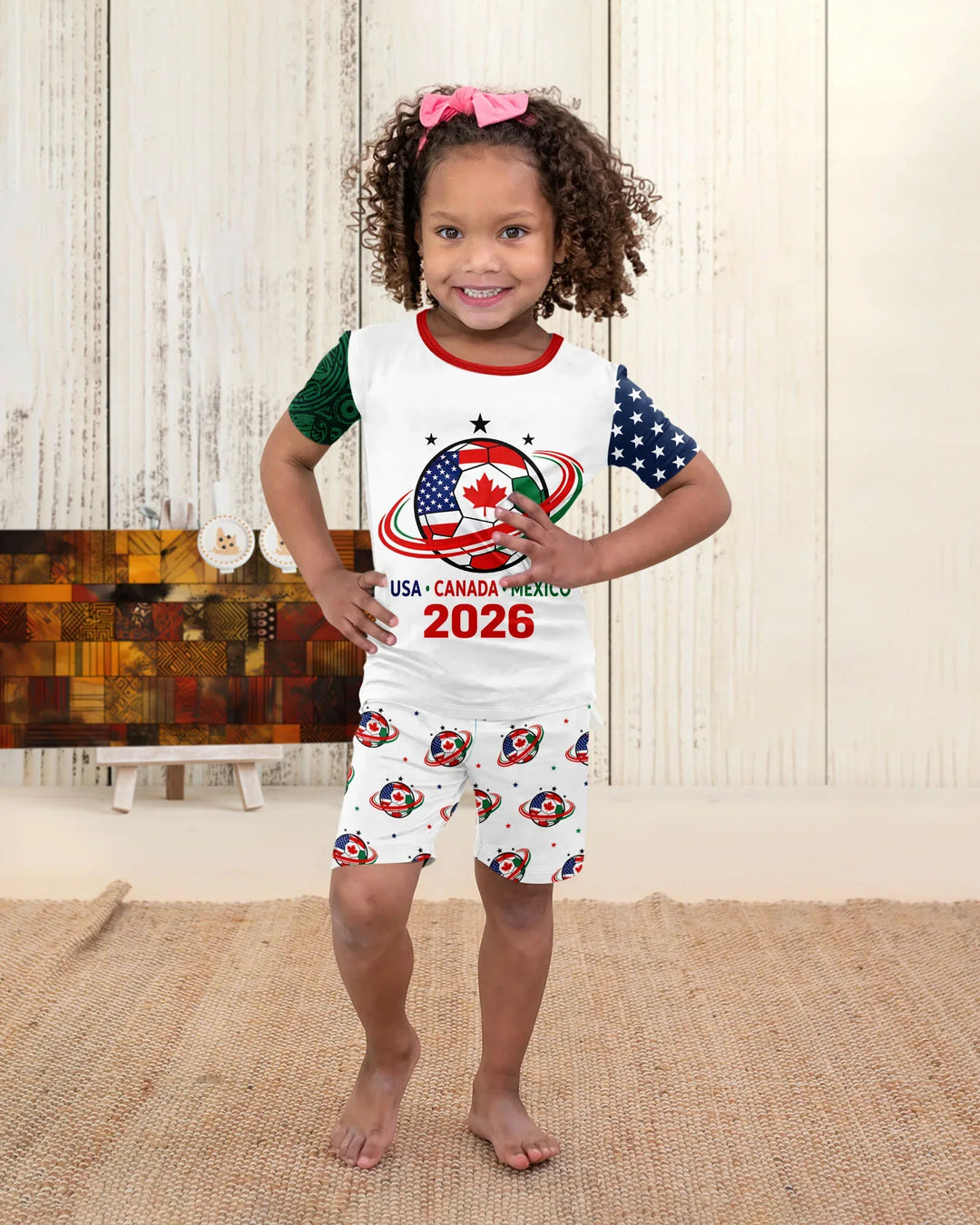 Soccer Cup USA Canada Mexico Bamboo Two Piece Short Sleeve Shorts Pajama Set
