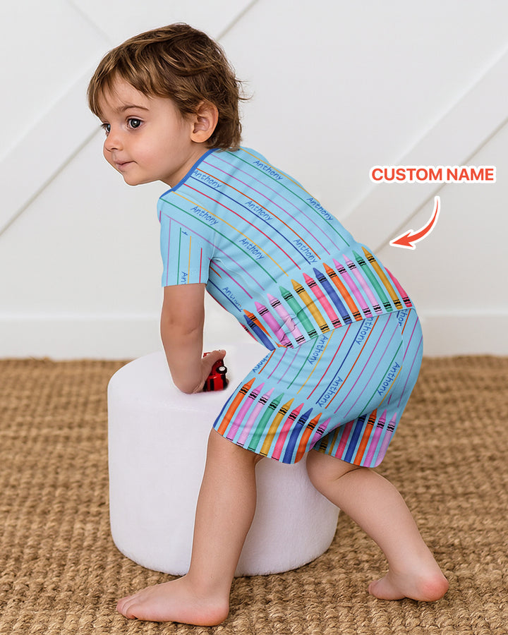Custom Name Crayon Lines Bamboo Two Piece Short Sleeve Shorts Pajama Set