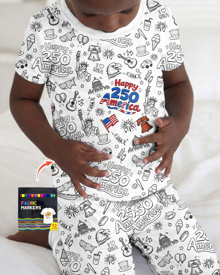 All Colorable Happy 250 America I love USA Bamboo Two Piece Short Sleeve Pajama Set