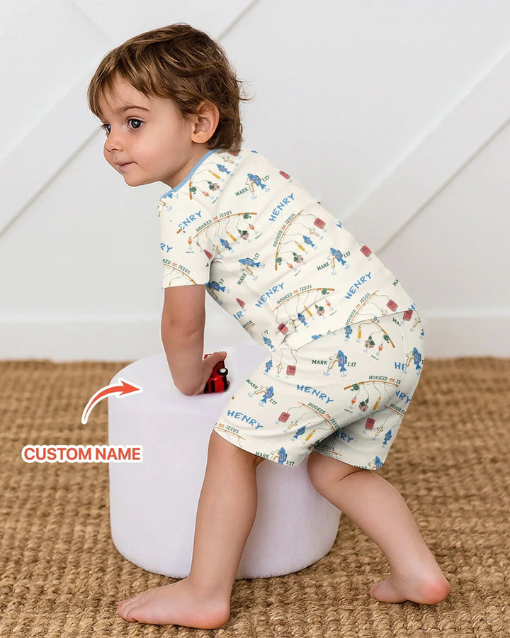 Hooked On Jesus Fishing Matching Bamboo Two Piece Short Sleeve Shorts Pajama Set