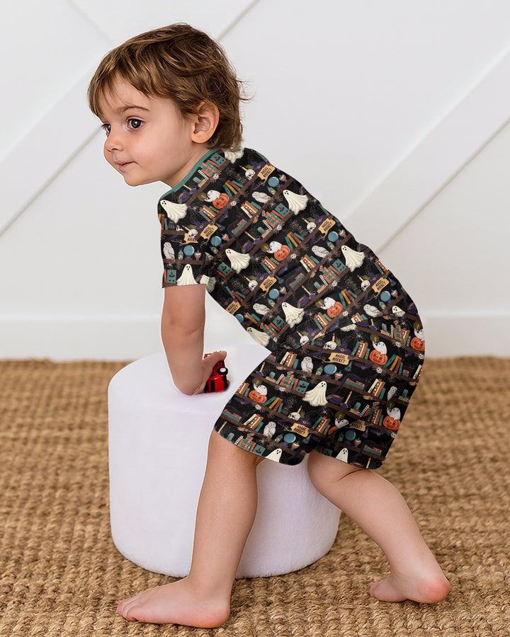 Cute Ghost Witchy Halloween Magic Library Bamboo Two Piece Short Sleeve Shorts Pajama Set