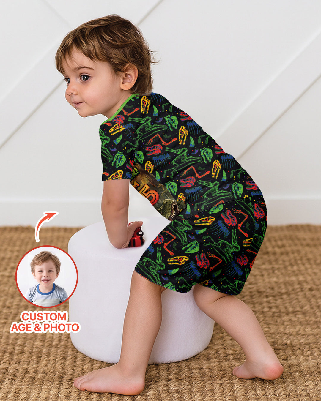 Custom Photo Dino Rawr Birthday Bamboo Two Piece Short Sleeve Shorts Pajama Set
