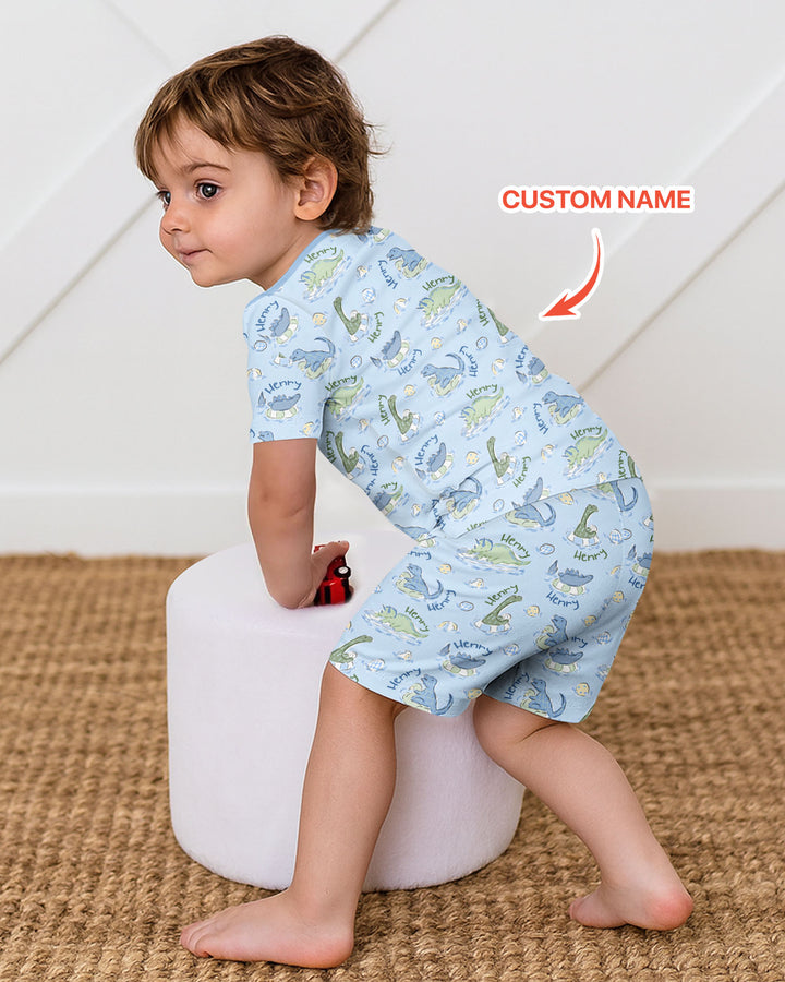 Dinos Swimming Custom Name Bamboo Two Piece Short Sleeve Shorts Pajama Set