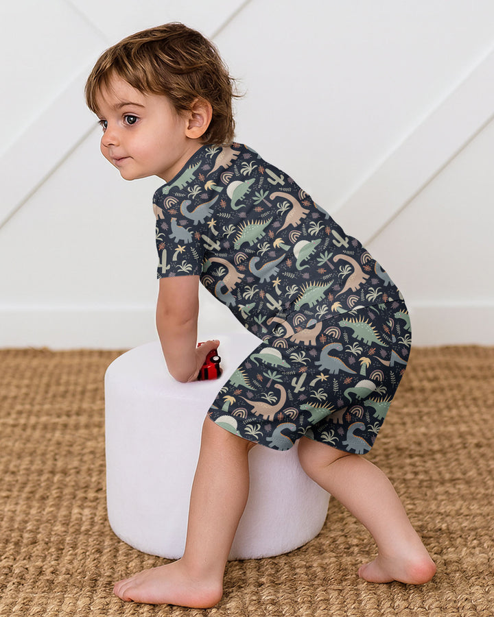 Navy Jurassic Jungle Bamboo Two Piece Short Sleeve Shorts Pajama Set