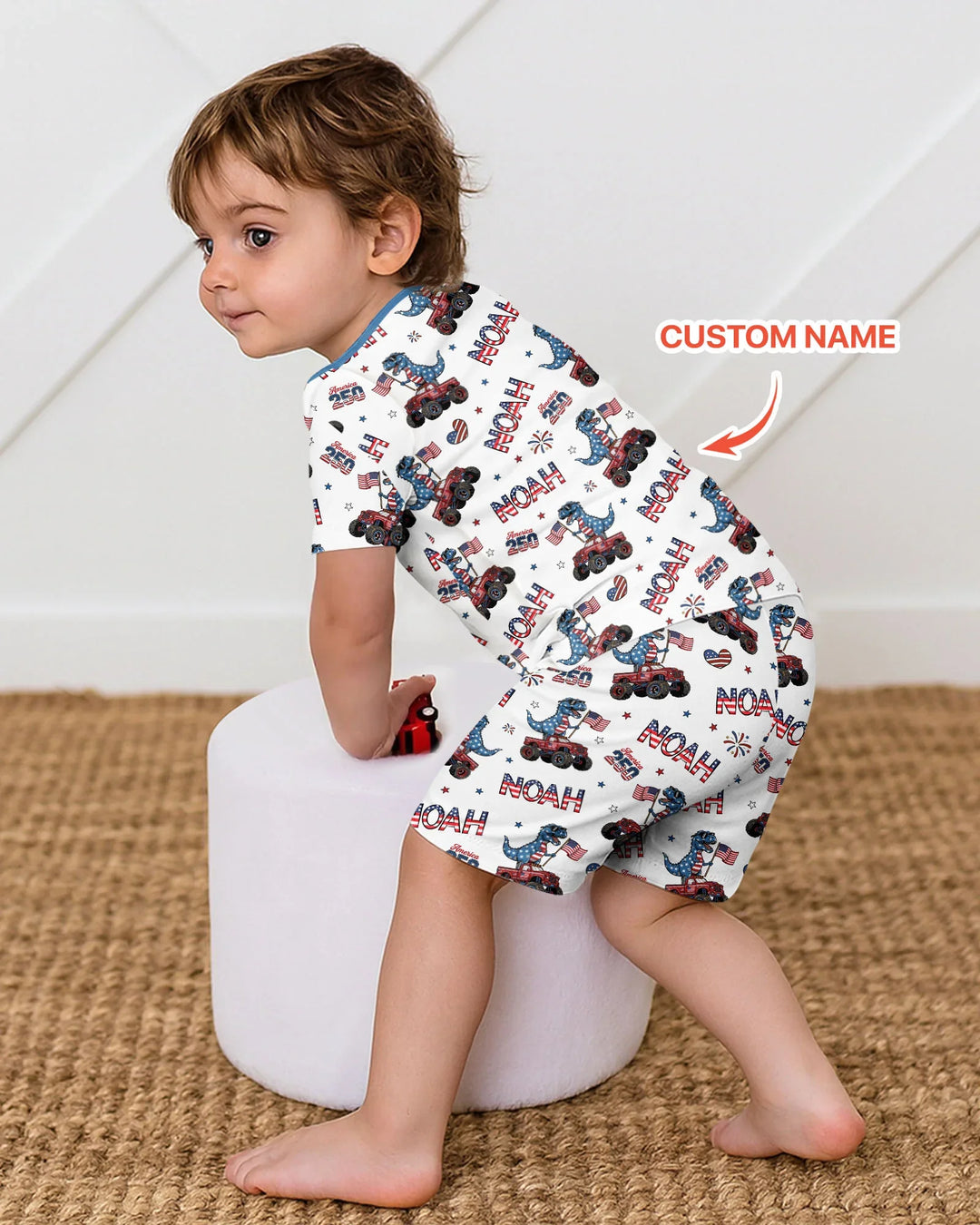 Custom Name American Flag Dinosaur Bamboo Two Piece Short Sleeve Shorts Pajama Set