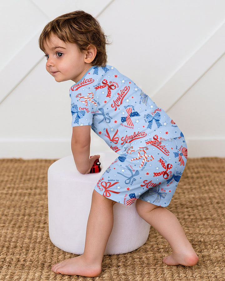 Pijama de dos piezas con pantalón corto y manga corta de bambú, estilo femenino y patriótico