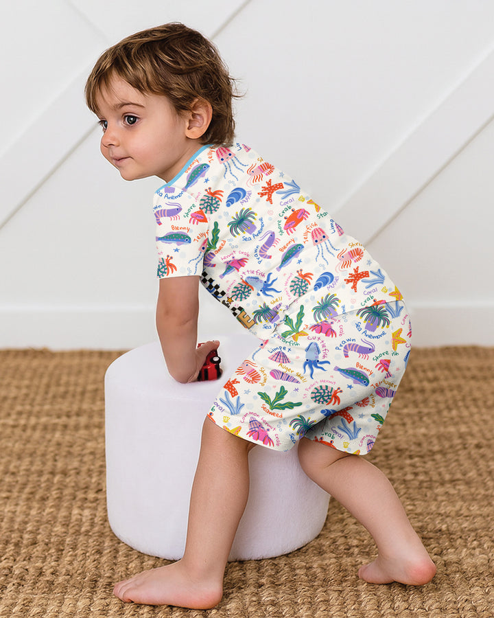 Conjunto de Pijama de Manga Corta y Pantalón Corto de Bambú "Amigos de la Piscina de Marea"