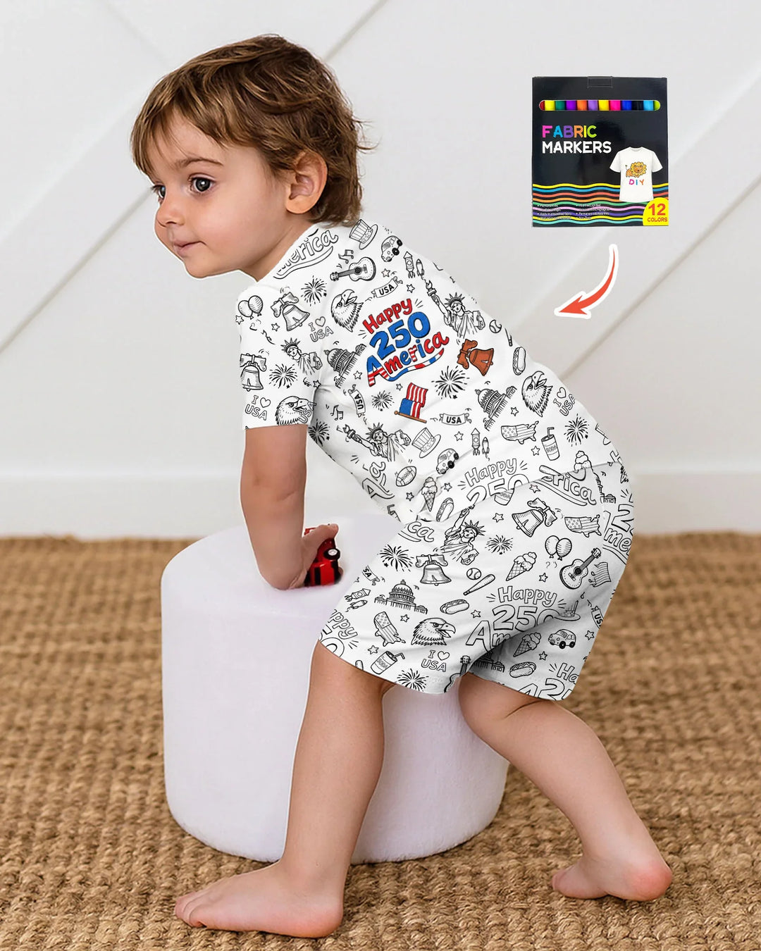 All Colorable Happy 250 America I love USA Bamboo Two Piece Short Sleeve Shorts Pajama Set