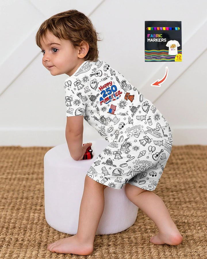 All Colorable Happy 250 America I love USA Bamboo Two Piece Short Sleeve Shorts Pajama Set