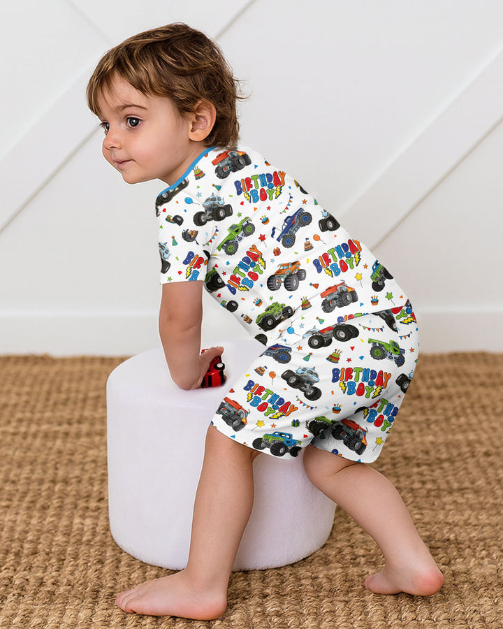 Monster Truck Birthday Boy Bamboo Two Piece Short Sleeve Shorts Pajama Set