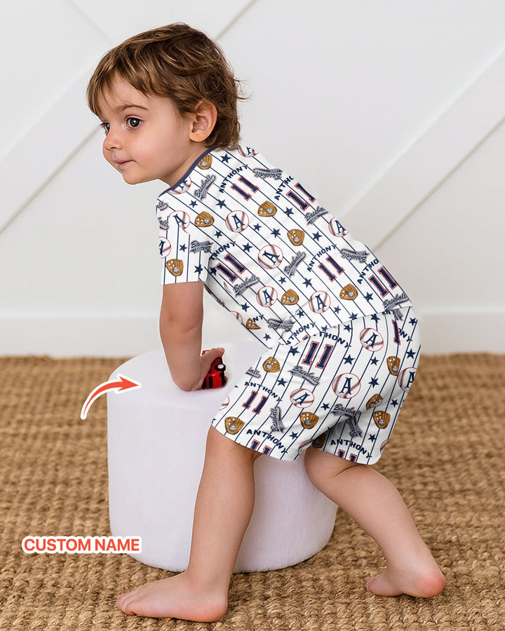 Custom Name Baseball Time Bamboo Two Piece Short Sleeve Shorts Pajama Set