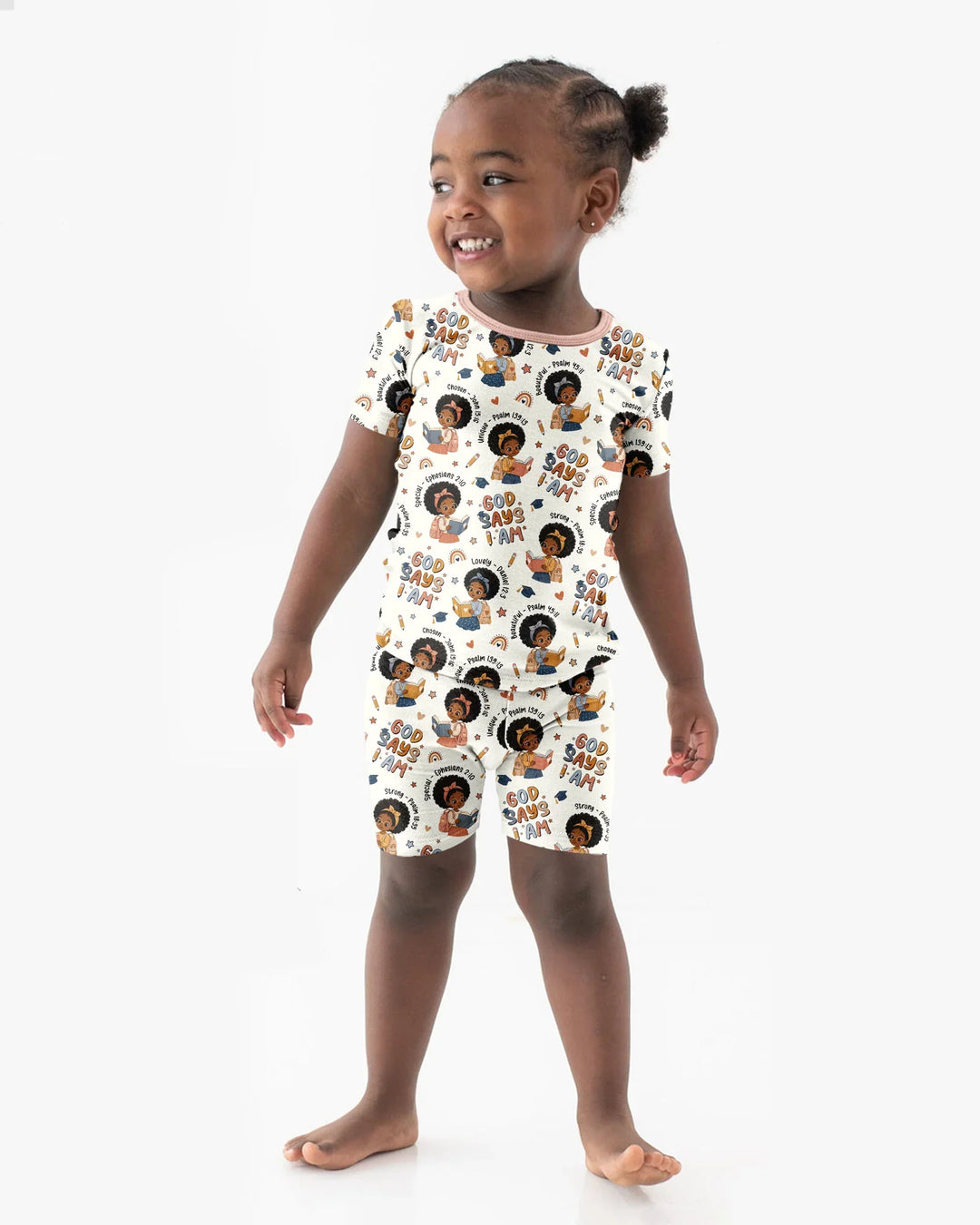 God Says I Am Cute Learning Afro Girl  Bamboo Two Piece Short Sleeve Shorts Pajama Set