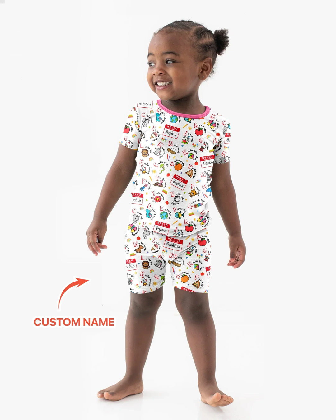 Custom Name Hello School ABCs Bamboo Two Piece Short Sleeve Shorts Pajama Set