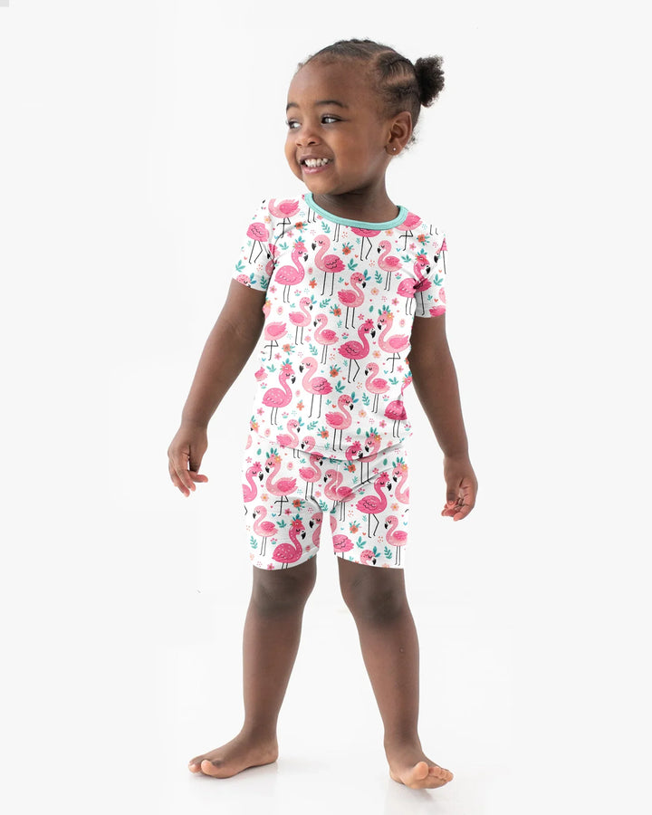 Hola, conjunto de pijama de dos piezas de manga corta y pantalón corto Flamingo Bamboo