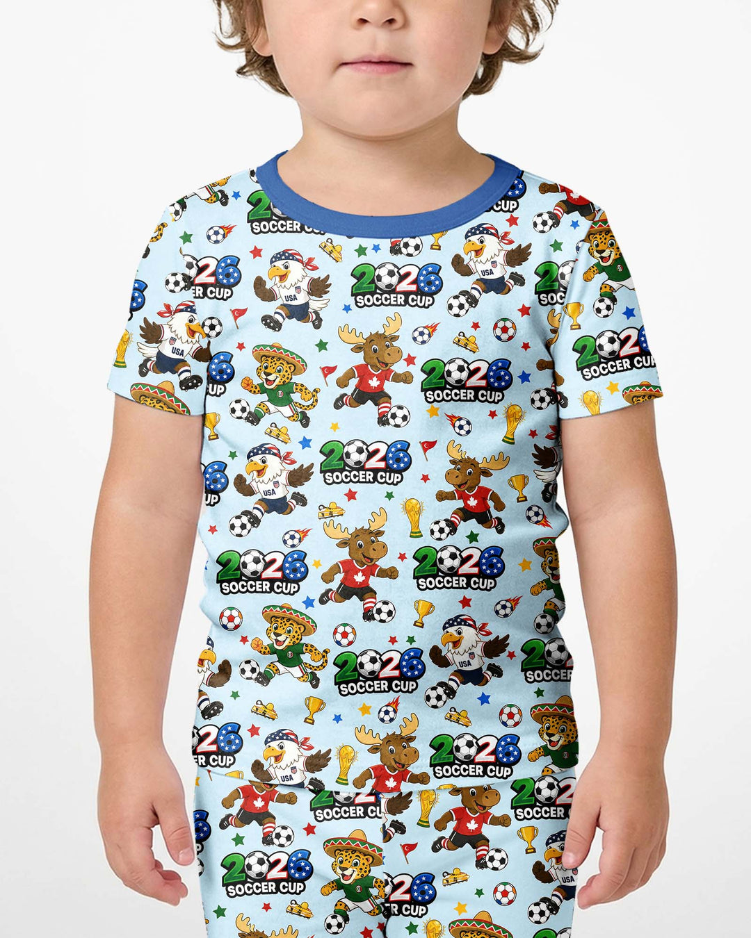 Soccer Cup Cute Mascots Two Piece Short Sleeve Shorts Pajama Set