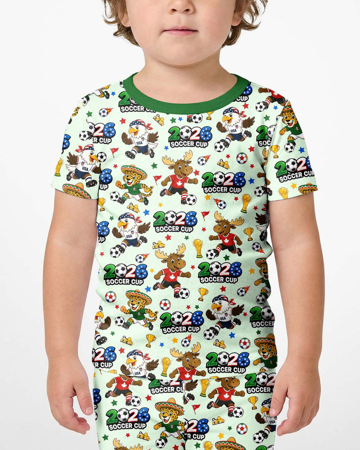 Soccer Cup Cute Mascots Two Piece Short Sleeve Shorts Pajama Set