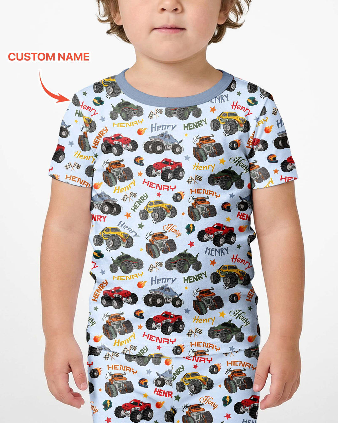 Personalized Monster Truck Bamboo Two Piece Short Sleeve Shorts Pajama Set