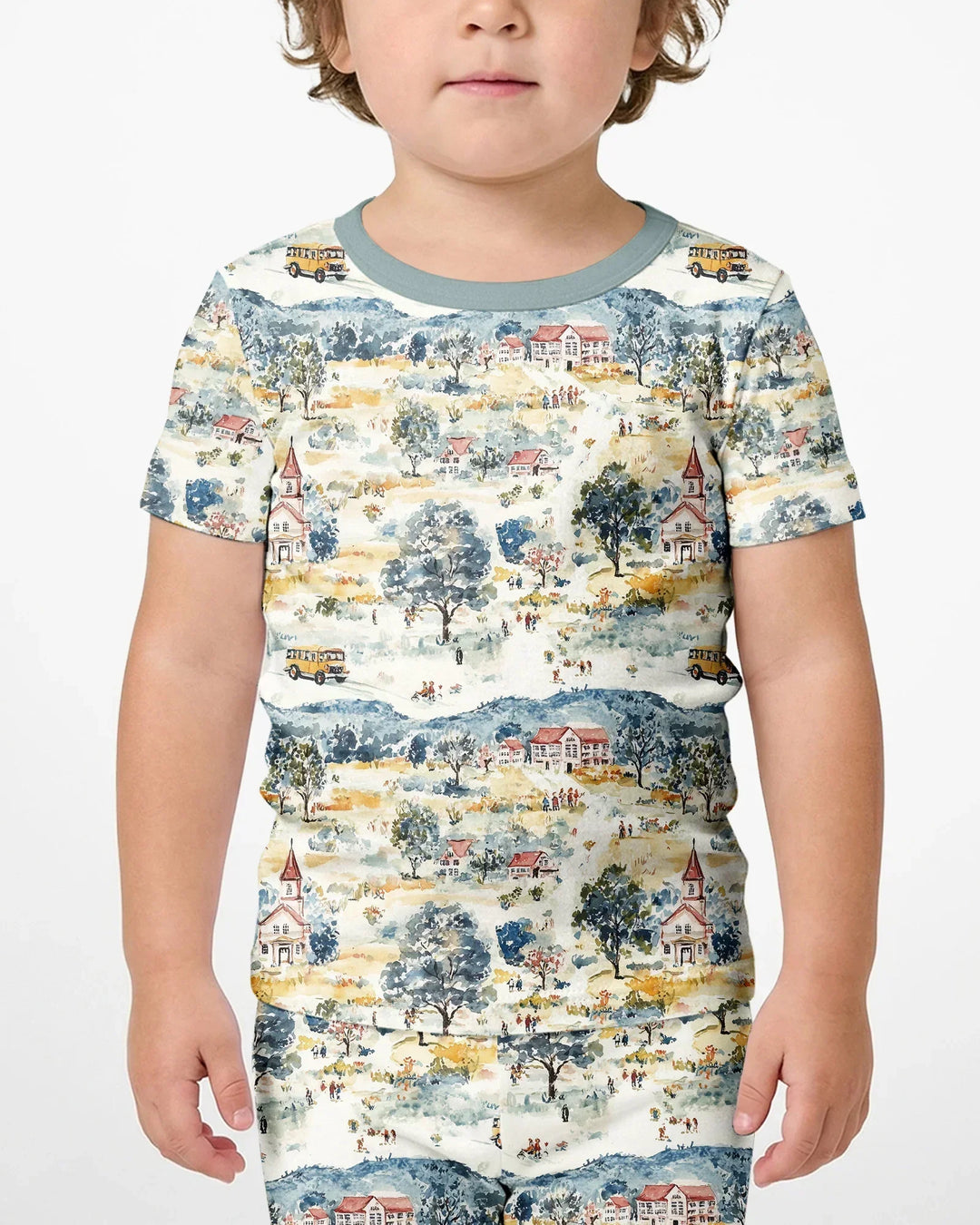 Whimsical Watercolor School Village Bamboo Two Piece Short Sleeve Shorts Pajama Set