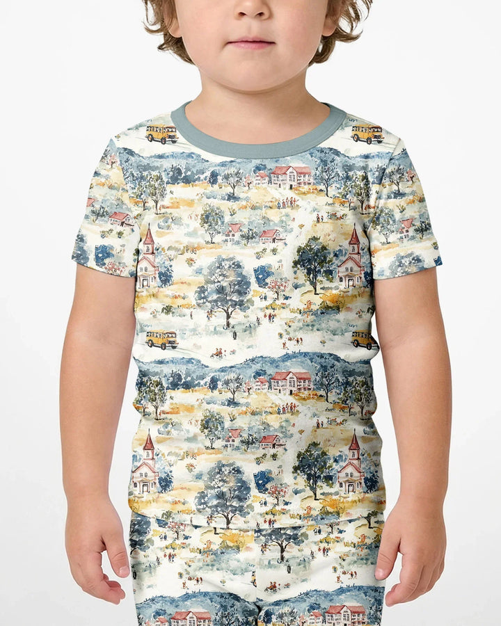 Whimsical Watercolor School Village Bamboo Two Piece Short Sleeve Shorts Pajama Set