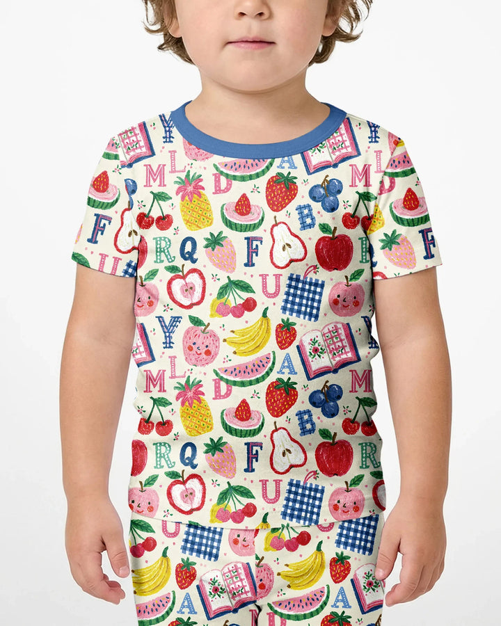 Back To School Fruit Alphabet Bamboo Two Piece Short Sleeve Shorts Pajama Set
