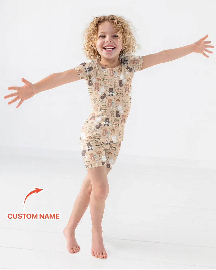 Custom Name Jesus Loves Me Beary Much Bamboo Two Piece Short Sleeve Shorts Pajama Set