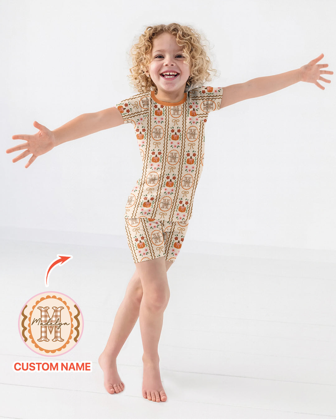 Custom Name Pumpkin Cottage Bamboo Two Piece Short Sleeve Shorts Pajama Set