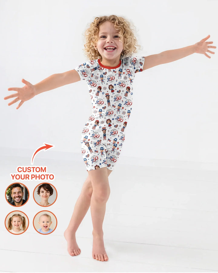 Custom Photo Smith Family Celebration Bamboo Two Piece Short Sleeve Shorts Pajama Set