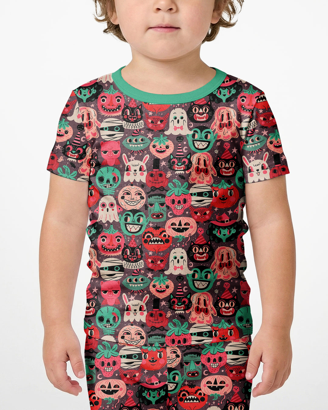 Retro Halloween Monsters Ghost Pumpkin Mummy Bamboo Two Piece Short Sleeve Shorts Pajama Set