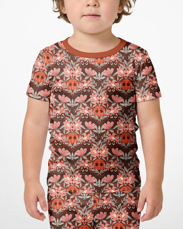 Spooky Owl Pumpkin Folk Floral Halloween Bamboo Two Piece Short Sleeve Shorts Pajama Set