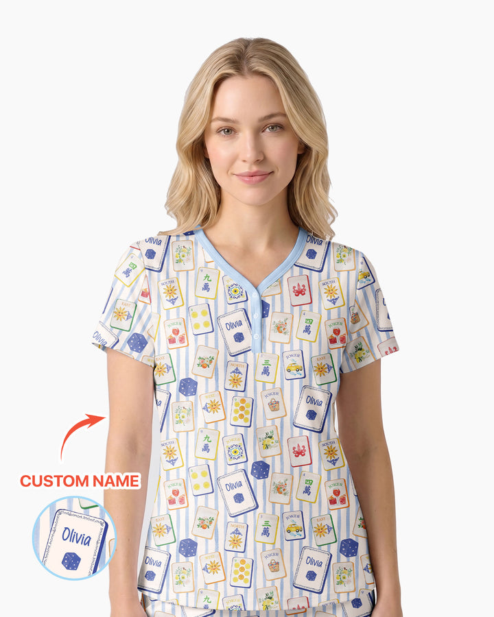 Coastal Mahjong Custom Name Mommy & Me Matching Bamboo Women Short Sleeve Short Pajama Set