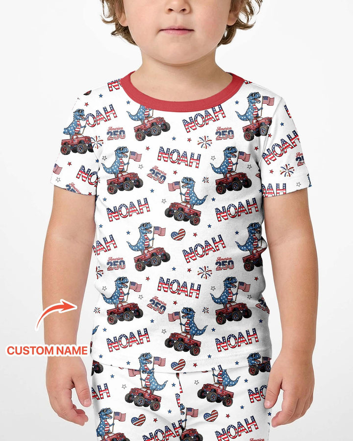 Custom Name American Flag Dinosaur Bamboo Two Piece Short Sleeve Shorts Pajama Set