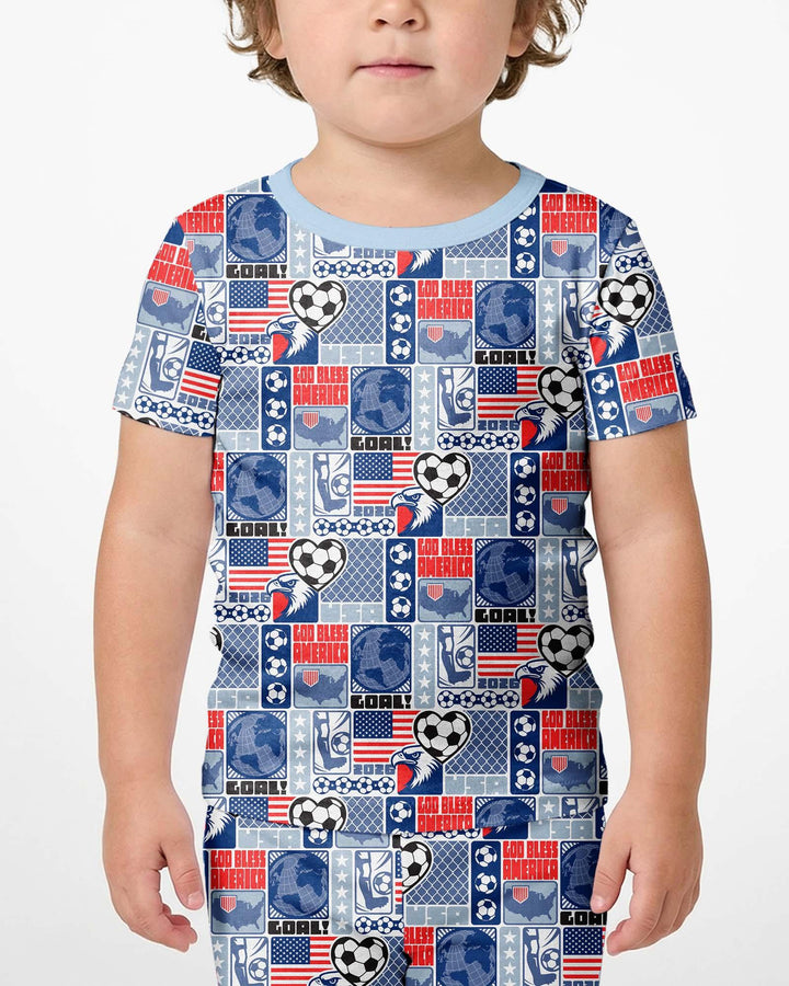 World Soccer God Bless America Bamboo Two Piece Short Sleeve Shorts Pajama Set