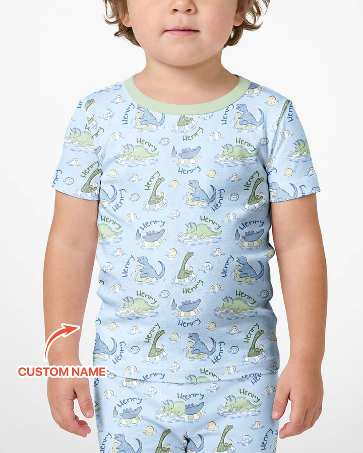 Dinos Swimming Custom Name Bamboo Two Piece Short Sleeve Shorts Pajama Set
