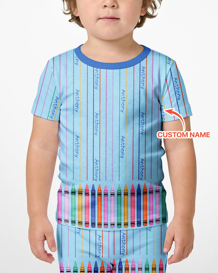 Custom Name Crayon Lines Bamboo Two Piece Short Sleeve Shorts Pajama Set