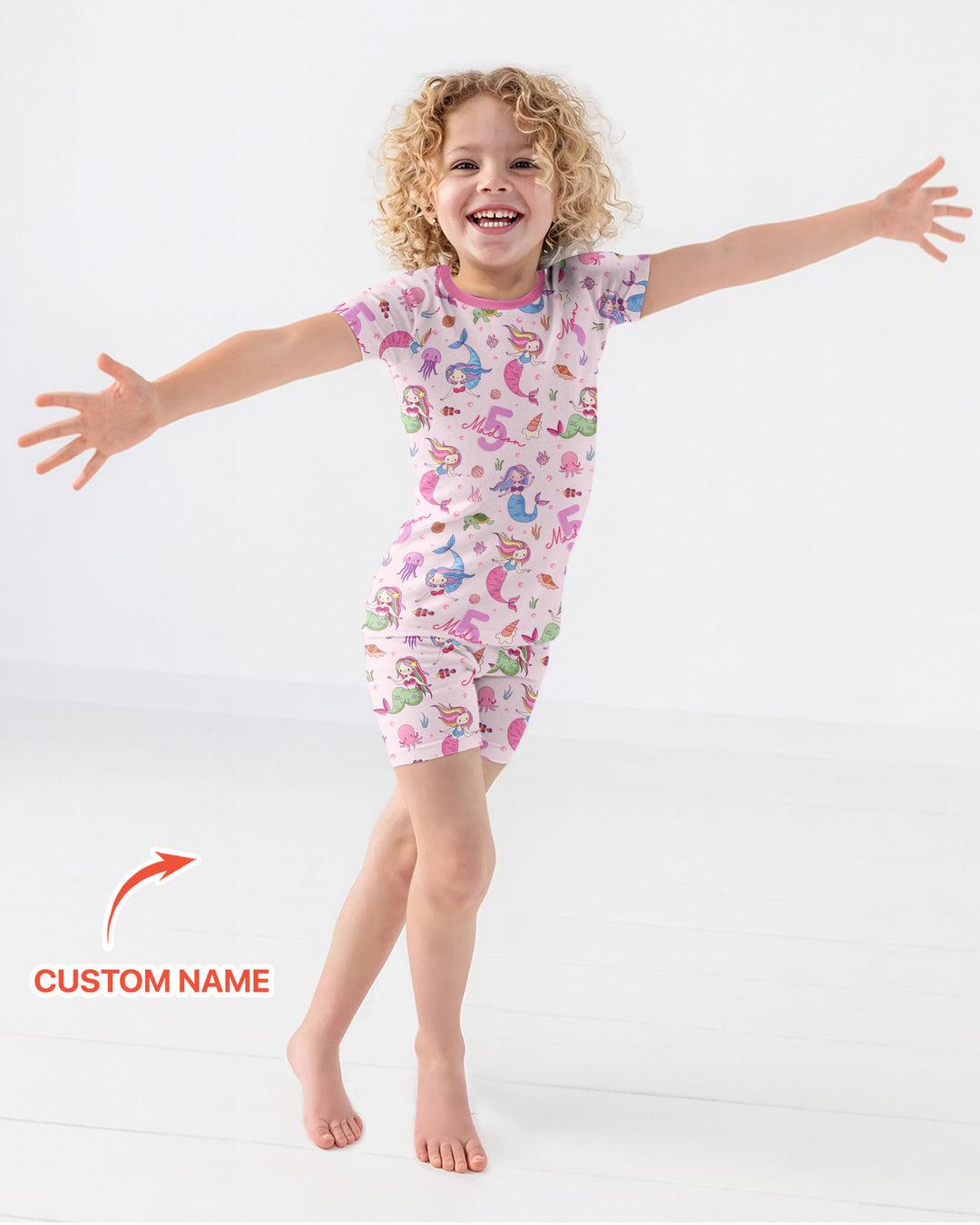 Custom Name Birthday Mermaid Bamboo Two Piece Short Sleeve Shorts Pajama Set