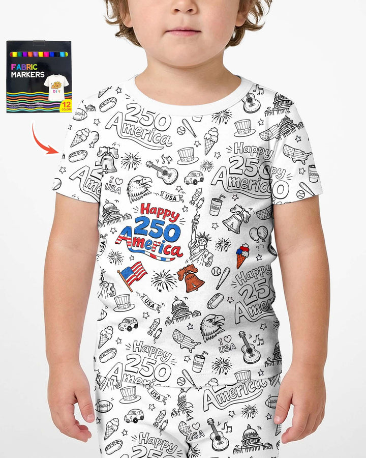 All Colorable Happy 250 America I love USA Bamboo Two Piece Short Sleeve Shorts Pajama Set